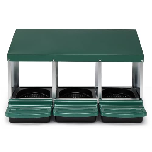 3 Compartment Roll Out Chicken Nesting Box, Steel Plastic Hen Laying Box with Perch, Green Sloped Roof 31.9x20.1x18.5in Poultry Nest for Backyard Chicken Coop Egg Collection