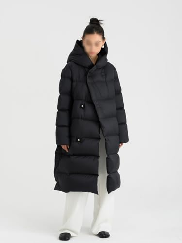 Women's White Duck Down Jacket Long Knee Length Hood Loose Warm and Thick Autumn/Winter Black Coat with Belt - size: Large