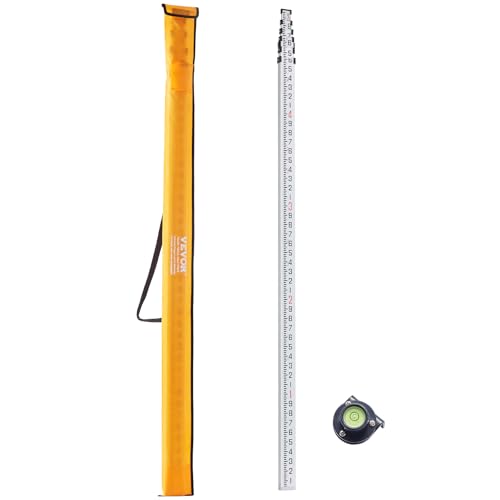 VEVOR Aluminum Grade Rod, 25-Feet/10ths 6 Sections Telescopic Measuring Rod,Double-Sided Scale 1/10ft Leveling Rod Stick,Aluminum Alloy Survey Rod w/Bubble Level &Carrying Bag for Houses,Walls,Floors - size: 25 FT-10ths