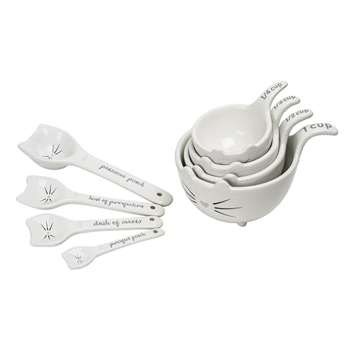 White Cat Measuring Cups & Spoons Gift Set – Ceramic Kitchen Tools for Cat Lovers & Bakers – 4 Measuring Cups and 4 Measuring Spoons – Unique Gift for Kitchen, Baking, and Cat Lovers - color: Cat Measuring Cups & Spoons Set