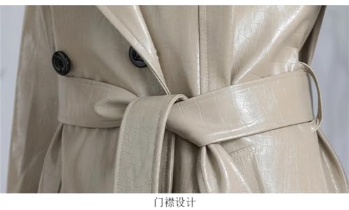 Adhdyuud Women Long Shiny Reflective Pattern Leather Coat Autumn Adjustable Belt Belt Jacket EN8 M