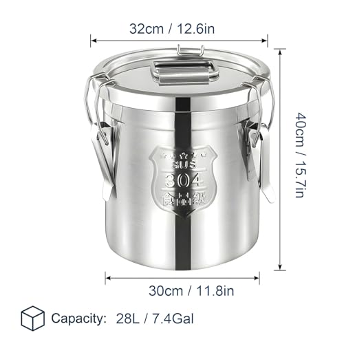 304 Stainless Steel Airtight Storage Bucket with Lid, Food Grade Sealed Canister for Kitchen, Rice, Flour, Grain, Pet Food, Waterproof Camping Storage Container(28L/7.4Gal) - size: 28L/7.4Gal