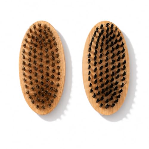 Goat Brushes for Grooming 2 Pack, Wooden Livestock Brush Set for Goats, Sheep, Calves, Horses, Dogs and Pigs, Soft Boar Bristle and Firm Nylon Body Brushes for Shedding, Face and Leg Care