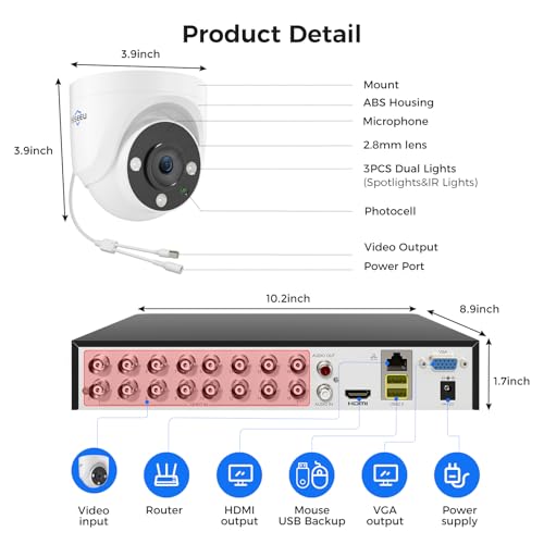Hiseeu 12 Channel Wired Security Camera System with Smart Dual Light,Audio,Person/Vehicle Detection,121°Wide View,5MP DVR,12PCS 5MP IP67 Outdoor CCTV Cameras,3TB HDD for 24/7 Surveillance - color: White 12 CH