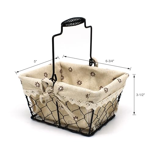 CVHOMEDECO. Primitives Country Chicken Wire Small Gift Baskets Gathering Baskets with Swing Handle and Fabric Liner. Set of 2 (Rectangular)