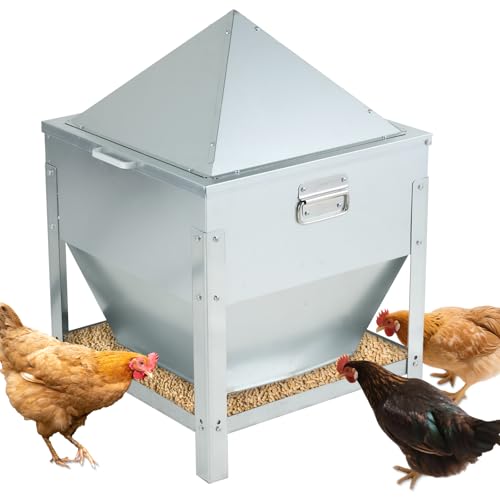 80LBS Large Metal Chicken Feeder, Galvanized Steel Gravity Chicken Feeder with 4-Sided Trough, No Waste Design, Waterproof Locking Lid, Heavy Duty Automatic Outdoor Poultry Feeder for Backyard & Farm
