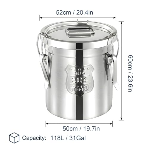 304 Stainless Steel Airtight Storage Bucket with Lid, Food Grade Sealed Canister for Kitchen, Rice, Flour, Grain, Pet Food, Waterproof Camping Storage Container(118L/31Gal) - size: 118L/31Gal