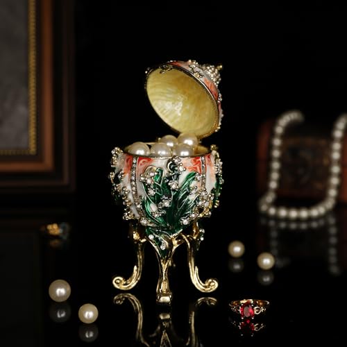 QIFU Hand Painted Orange White Faberge Egg Style Enamel Trinket Box Hinged, Unique Gift for Family - color: Orange White