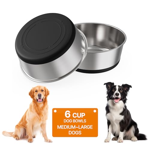 Food Grade 304 Stainless Steel Dog Bowls with Non-Slip Rubber Bottom,Food and Water Bowl for Feeding Dogs and Cats, Dishwasher Safe, Rust Resistant, BPA Free(Set of 2) (Black, 6 Cup) - color: Black, size: 6 Cup