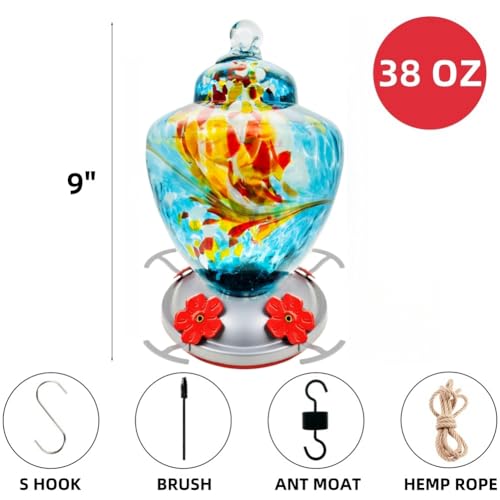 REZIPO Hummingbird Feeder with Perch - Hand Blown Glass - Blue - 38 Fluid Ounces Hummingbird Nectar Capacity Include Hanging Wires and Moat Hook - color: Blue