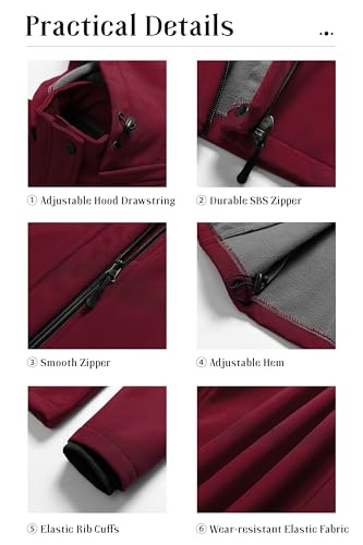 Pursky Women's Softshell Jacket Lightweight Fleece Lined Rain Jacket Waterproof Warm Windbreaker Coat With Removable Hood - color: Burgundy, size: Large