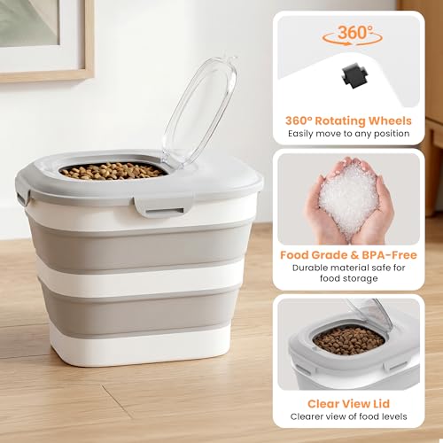 30 Lbs Dog Food Storage Container with Wheels, Collapsible Pet Food Storage Container with Clear Window, Measuring Cup & Scoop, BPA Free Cat Food Container for Rice, Flour, Grain, Bird Seed - color: Grey/30lbs