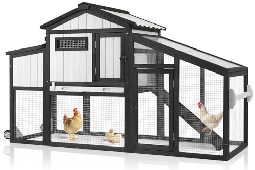 Ketive 65" L Chicken Coop with Wheels for 1–2 Chickens, Outdoor Wooden Hen House with Run, Leakproof Pull-Out Tray, UV-Resistant Panel Roof, 2 Nesting Box,Poultry Cage Chicken Hutch for Backyard Yard - size: 65.0"L x 26.0"W x 39.0"H