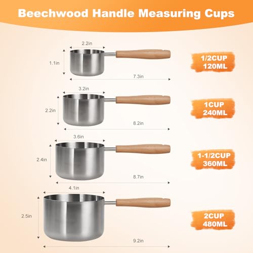 1PCS 1-1/2Cup(360ml | 12oz) Dog Cat Food Scoop, 18/8(304) Stainless Steel Measuring Cup with Wooden Handle, Etched Measurements Inside, BPA Free Portion Control for Pets & Kitchen Use - size: 1-1/2 CUP