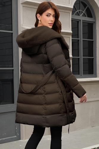 PAPILLON D'OR WEAR YOUR WINGS Women's Long Puffer Coat with Belt, Hood & Furry Lining - Knee-Length Winter Jacket - color: Tea-brown, size: X-Large