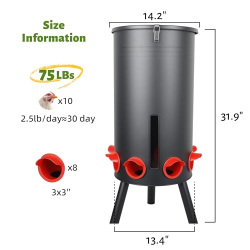 KOL 75 LB Large Free Standing Chicken Feeder, Portable Gravity Chicken Feeder Automatic, Dispenser, 8 Feeding Ports Poultry Feeder for Chicken Rooster & Hen (Black)