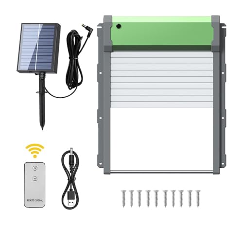 Automatic Solar Powered Chicken Coop Door with Light Sensor, Timer and Remote Control, Weatherproof Anti-Pinch Chicken Coop Rolling Shutter Door 
