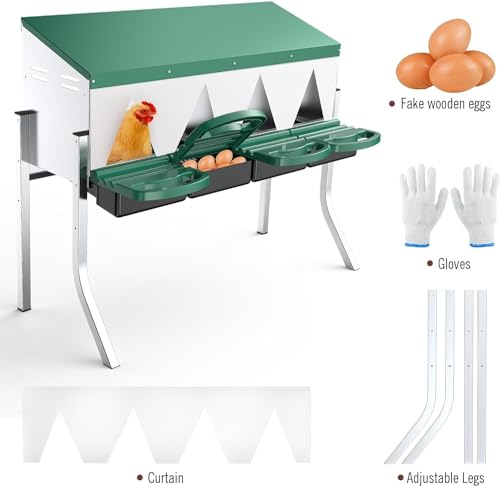 Chicken Nesting Boxes for Laying Eggs - 4 Compartment Roll Away Nesting Box for Chickens Coop with Adjustable Legs,Chicken Perch & Roll Out Egg Tray,Curtains and 4 Fake Eggs Help Hen for Laying Eggs