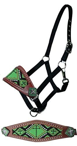 Showman Leather Bronc Halter w/Beaded Cross Design - color: Lime Green
