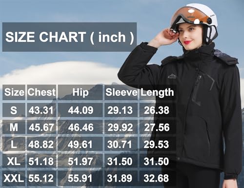 ELLSWOS Womens Winter Coats Waterproof Ski Jacket Warm Snow Jackets Windproof Windbreaker Hooded Raincoat - color: Black, size: Large
