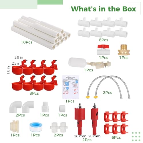 8 Cup Pipeline Automatic Chicken Waterer System, Complete PVC Pipelines Set, Auto Pipe Feeder Poultry Watering Kit with Float Valve, T Connectors