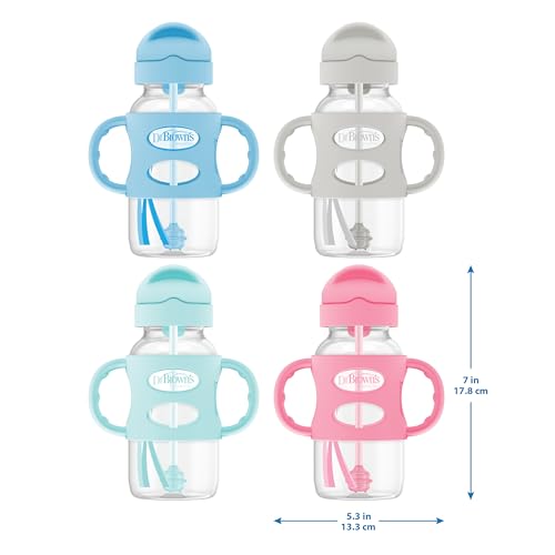Dr. Brown's Wide-Neck Sippy Straw Bottle with Handles, Pink, 9oz/270ml, 1-Pack - color: Pink, size: 1 Count (Pack of 1)