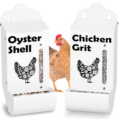 CluckRoots Oyster Shell and Grit Feeder for Chickens, Spill‑Proof Weather-Resistant Design, Sturdy Galvanized Holder for Crushed Oyster Shells and Poultry Grit Supplement, Backyard Chicken Lover Gifts - color: Combo-White/White