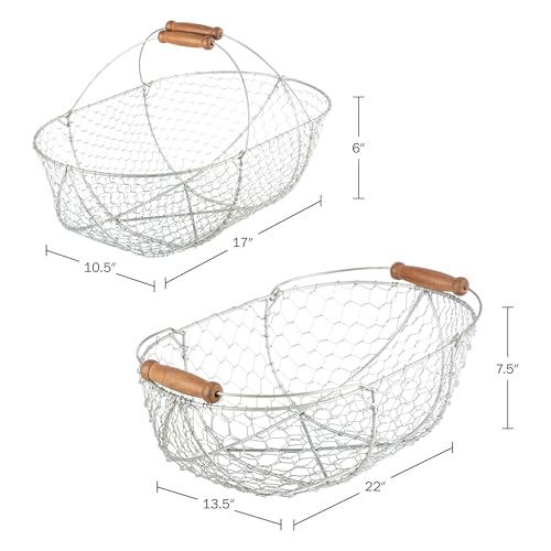 Garden Harvest Basket 2-Pack - Large and Small Gathering Hod for Veggies, Picnic or Farmhouse Decor - Rust-Resistant Mesh and Wood Handle Chicken Egg Basket for Collecting Eggs by Kings County Tools