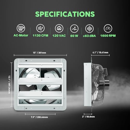 YOZON 12" Shutter Exhaust Fan with Speed Controller, Wall Mounted Wall Exhaust Fan, Automatic Shutter, High Speed, 1130CFM, Vent Fan for Garage, Greenhouse, Shed, Chicken Coop and Workshop - Silver - size: 12 INCH Silver