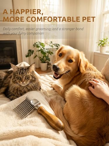 TAKAVU Dematting Comb for Dogs and Cats with Long Hair - 9-Blade Undercoat Rake for Removing Mats, Tangles and Knots - Deshedding Grooming Tool for Doodles and Double-Coated Pets