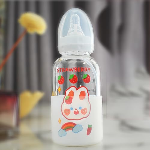 CutiePlusU Adult Glass Feeding Bottle Cute Printed Large Size Baby Bottles Rabbit 13.5Oz/400ML - color: Rabbit