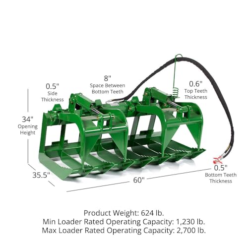 Titan Attachments 60" Standard Series Root Grapple Bucket Fits John Deere Hook and Pin, Dual Cylinder Hydraulic Design for Medium-Duty Jobs Like Clearing Brush, Branches, and Roots