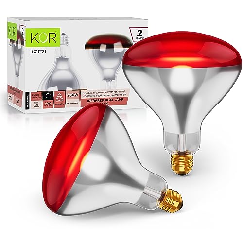 KOR 250 Watt R40 Incandescent Light Bulbs (2-Pack) - Bathroom Infrared Heat Lamp for Chickens Puppies Reptiles Livestock Poultry, Sauna Red Light Therapy Bulb - 2,000 Hour Rated, E26 Base, 120V - color: Red
