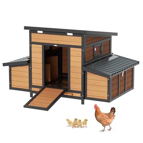 Chicken Coop, Large Wooden Chicken House with Waterproof Roof & Pull-Out Tray, Outdoor Chicken Hutch with 6 Nesting Boxes, Duck Coop Hen House for 4-6 Chicken, Reddish Brown - color: Reddish Brown