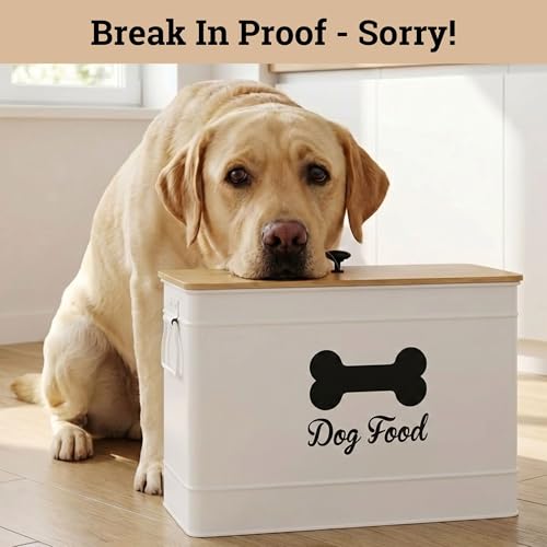 Dog Food Container Airtight 15-20 lb (70 Cup) Capacity with Metal Scoop - Cute Airtight Dog Food Storage Container with Bamboo Lid - White Metal Kibble Storage Bin for Dogs up to 100 lbs - Big Pet Jar - color: White