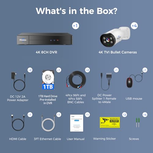 Hiseeu 4K Wired Security Camera System Outdoor with Audio,Smart Dual Light,AI Human/Vehicle Detection,1TB HDD,4K Surveillance DVR Kit 8CH,4X8MP Home CCTV Cameras,Smart Playback,100ft Night Vision - color: White 4 CH