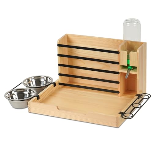 Rabbit Hay Feeder, 4 in 1 Wood Guinea Pig Hay Feeder Bunny Hay Holder with Litter Box 500ml Water Bottle 2 Food Bowl Small Animals Stuff for Cages for Chinchillas Hamster Dwarf Rabbit Ferrets