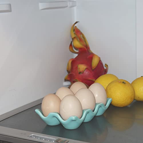 Ceramic Egg Holder Egg Tray Porcelain Fresh Egg Holder for Fridge Countertop Kitchen Storage Half Dozen 6 Cups - color: Blue