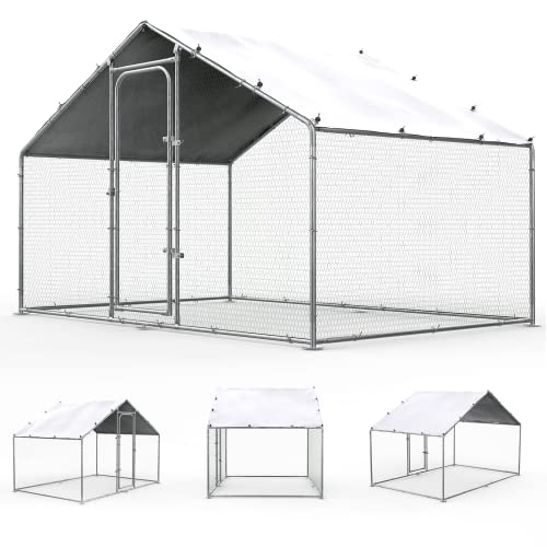 ORANLAND Large Metal Chicken Coop, 5.0x9.9x6.6ft Walk-in Chicken Runs with Cover, Spire Roof Chicken Pen with Security Lock, Outdoor Duck Rabbit Cage Poultry Pen for Backyard, Farm, Yard - size: 59.1"L x 119.0"W x 77.0"H