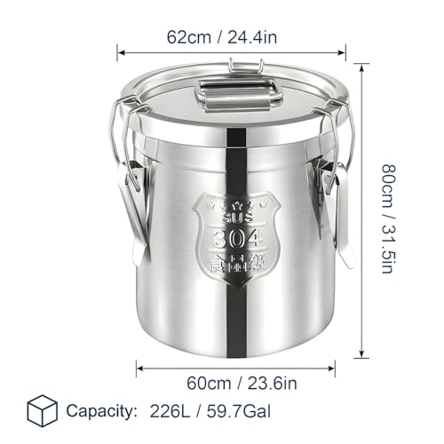 304 Stainless Steel Airtight Storage Bucket with Lid, Food Grade Sealed Canister for Kitchen, Rice, Flour, Grain, Pet Food, Waterproof Camping Storage Container(226L/59.7Gal) - size: 226L/59.7Gal