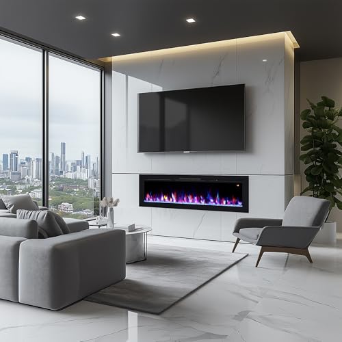 70" Electric Fireplace, Recessed, Wall Mounted and Freestanding Fireplace Heater, Adjustable Flame Color, Speed & Brightness, Thermostat, 9H Timer, Child Lock - size: 70"