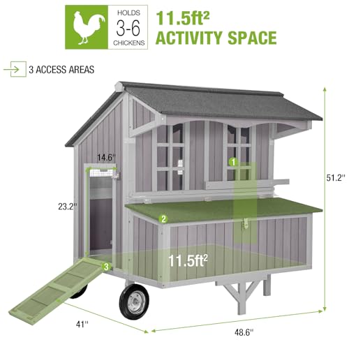 GUTINNEEN Chicken Coop Mobile Duck Coop with Super Large Wheels Durable Hen House 48.6" Outdoor Rabbit Hutch with Nesting Box for 3-6 Chickens - size: 48.6"L x 41.0"W x 52.1"H