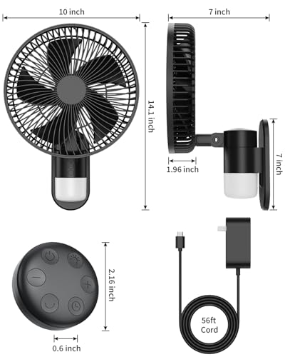 10 Inch Wall Mount Fan with Light and Remote Control – 90° Oscillating RV Fan, 4 Speeds Quiet Motor, 180° Manual Tilt, Timer Setting for Bedroom, Dorm, Home Office, Small Spaces