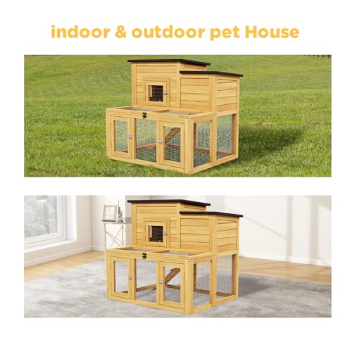 Small Chicken Coop, Chicken Run, Wooden Duck Coop Outdoor 2-Tier Rabbit House All Weather Used Poultry Quail Hutch Pet Cage with Removable Ramp for Garden Backyard (Yellow) - color: Yellow