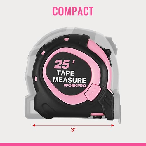 WORKPRO 25-FT Tape Measure with Fractions, 3 Brakes Retractable Measuring Tape, Compact Measurement Tape with Magnetic Hook, Nylon Coating Blade Accuracy 1/32”, Pink - style: 25-FT