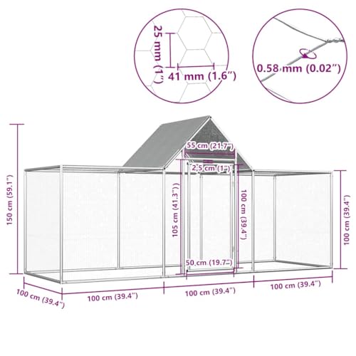 Galvanized Steel Chicken Coop 9.8'x3.3'x4.9' Silver Water-Resistant Roof Metal Animal Hutch for Outdoor Indoor Rabbits Ducks Hens - size: 9.8' x 3.3' x 4.9' (W x D x H)