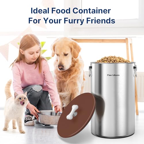 Paw Libero 35 Lbs Stainless Steel Dog Food Storage Container with Airtight Lid & Ceramic Bone Handle, Large Metal Dog Food Bin for Dogs & Cats, Keep Fresh, Easy to Clean - size: 35 lbs
