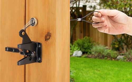 Self Locking Gate Latches with Spring Cable Pull, Post Mount Automatic Gravity Lever Gate Fence Door Lock for Wooden Fence/Vinyl Door/Aluminum Gate, 1 Pack