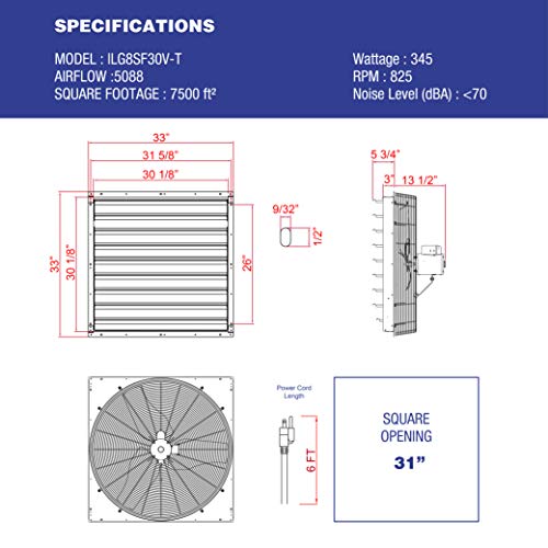 iLIVING 30" Wall Mounted Shutter Exhaust Thermostat Control-2 Speeds Vent Fan For Home Attic, Shed, or Garage Ventilation, 5088 CFM, 7500 SQF Coverage Area, Silver (ILG8SF30V-T) - size: 30 Inches