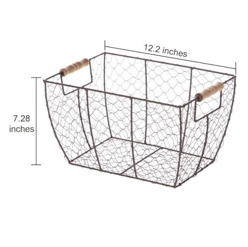Decorative Brown Chicken Wire Basket with Wood Handles. 12.2x8x7.28